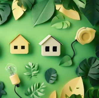 Maisons en papier et feuilles vertes, diagnostic de performance énergétique