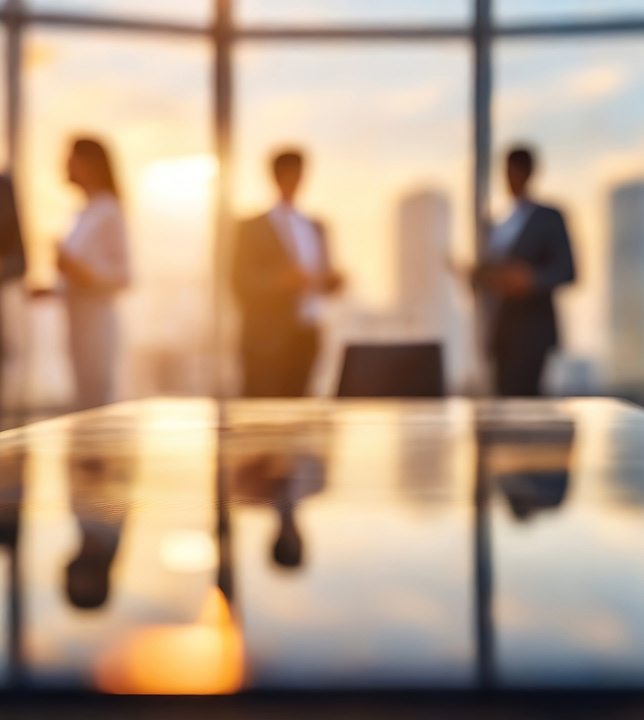 Silhouettes de professionnels en bureau moderne au coucher du soleil