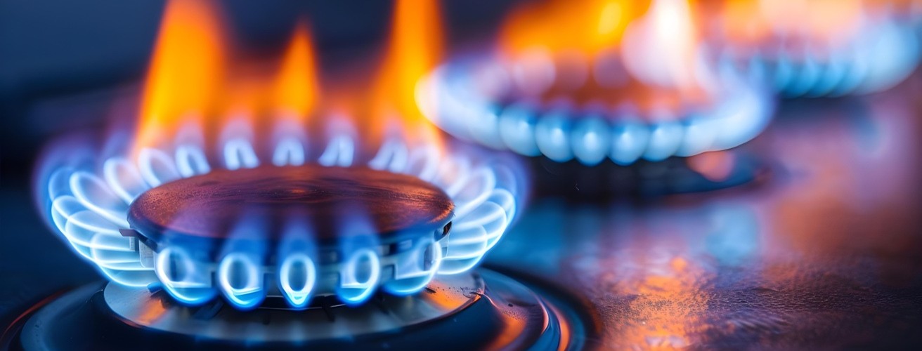 Brûleurs de cuisinière à gaz avec flammes bleues et oranges